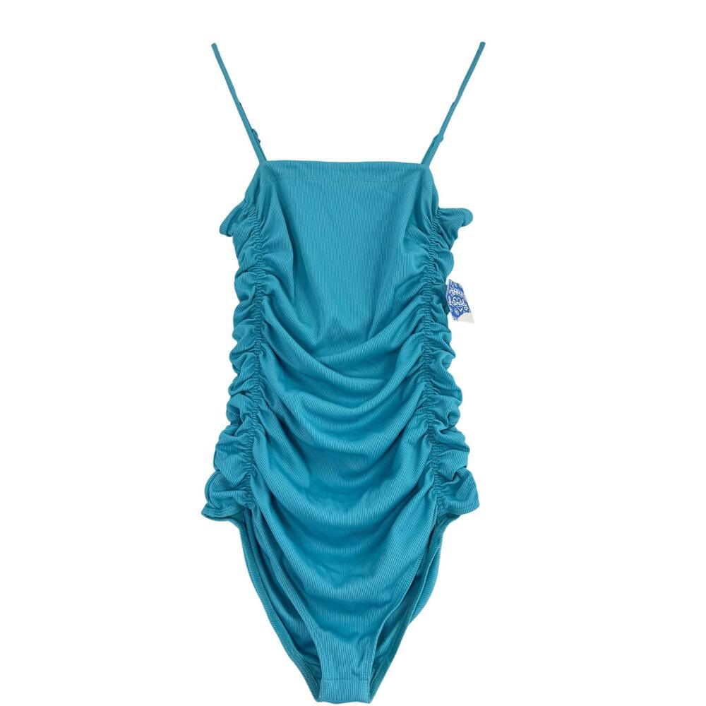 Free People Corsican Coast Ruched Bodysuit Blue Strappy NWT Small classic chic